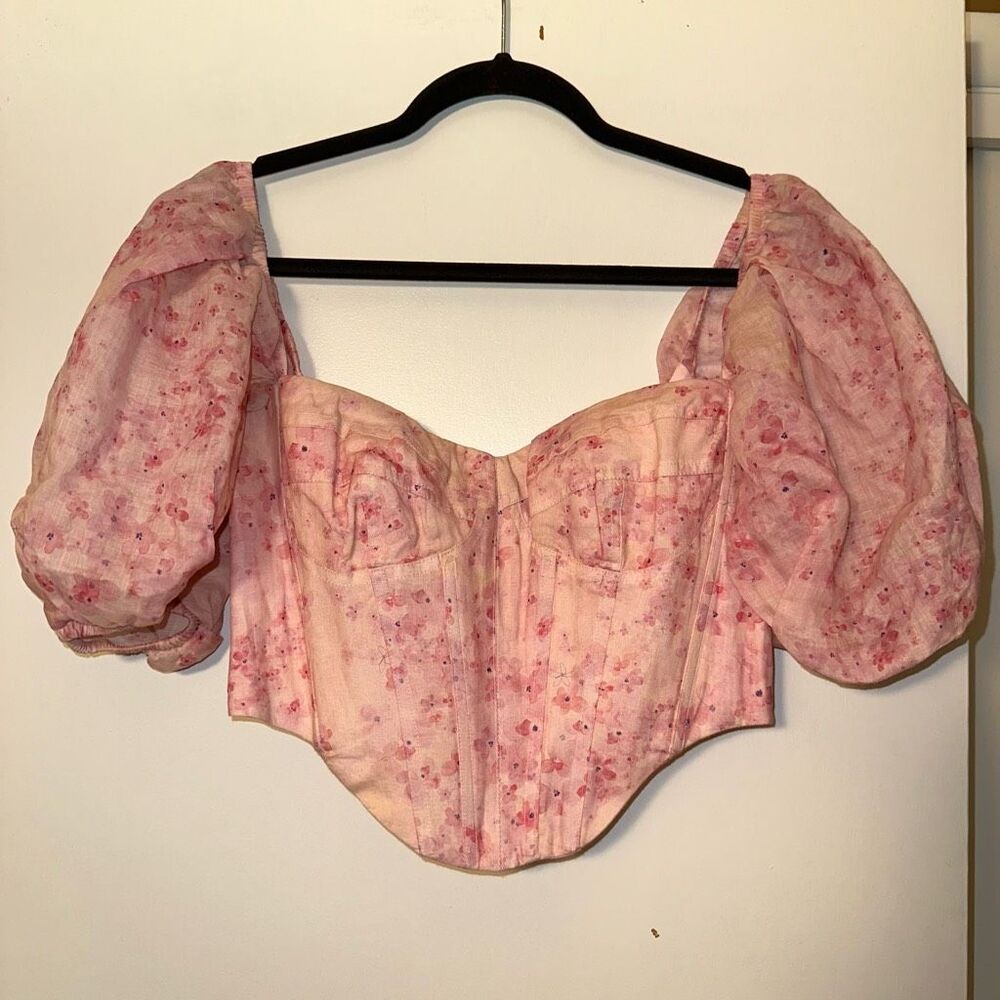Bardot Small Kiah Corset Pink Dreamy Floral Puff Sleeve Crop Top Women’s EUC